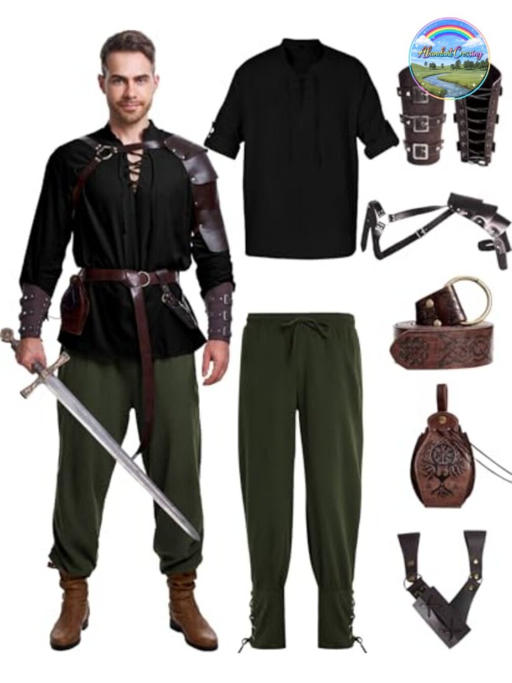 Men's Renaissance Costume 8 Pc Medieval Pirate Viking Shirt Pant PU Leather